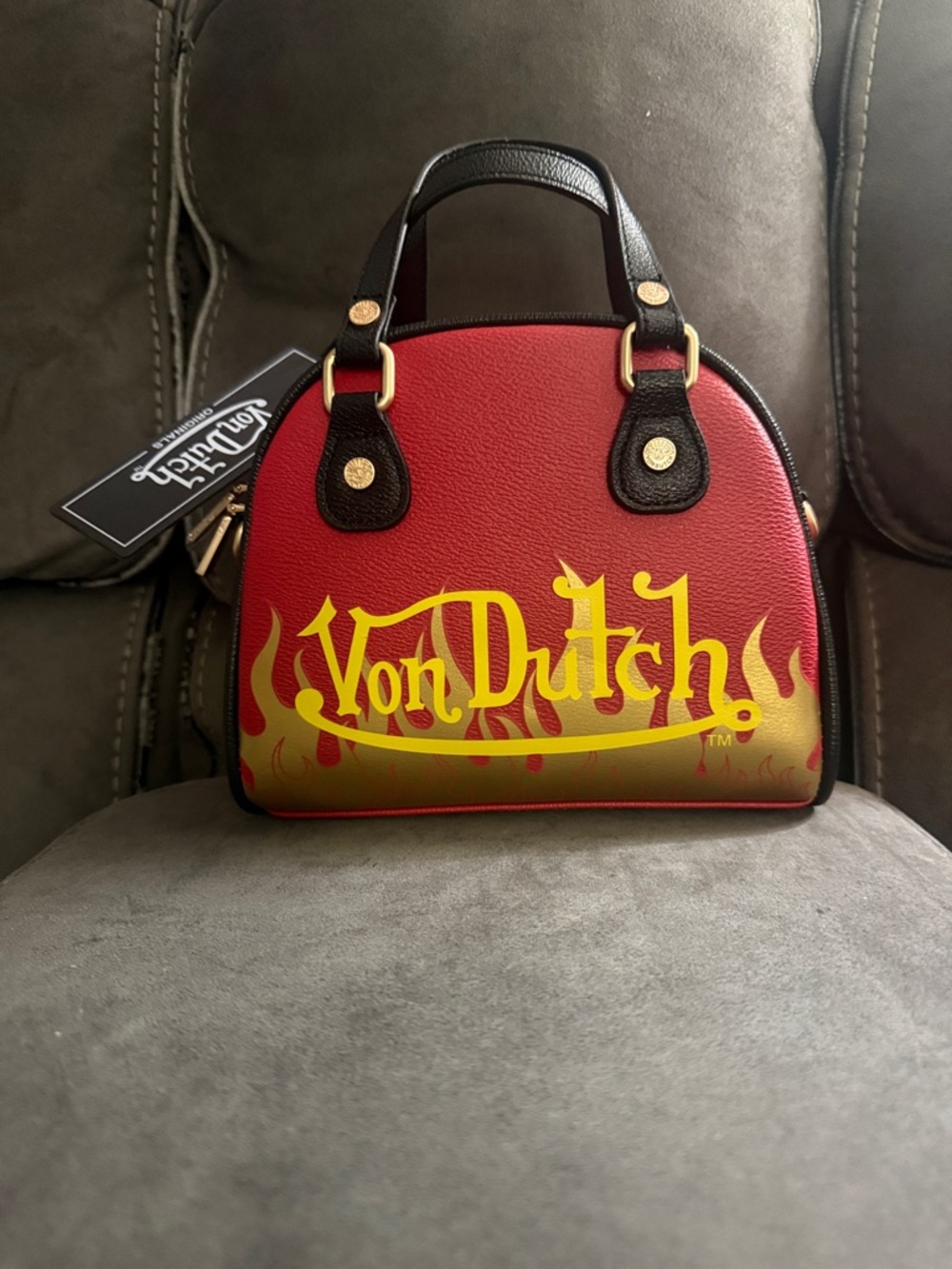 Von Dutch Red Mini Dome Bag with Yellow Flame Logo